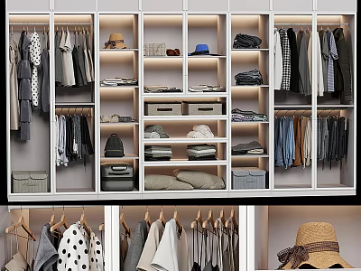 Modern Open Closet Interior Design With Hanging Clothes Folded Garments Storage Boxes Hats And Bags 3d model