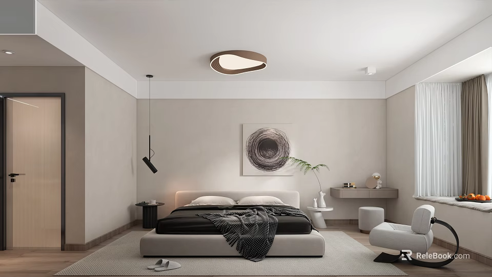 Modern Bedroom Interior With Platform Bed Unique Pendant Light Circular Wall Art And Green Plant 3d model 