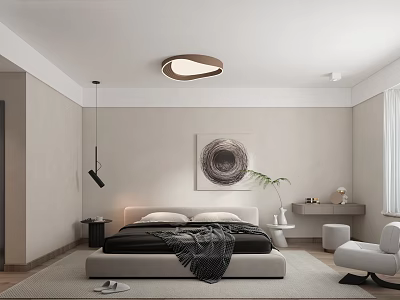 Modern Bedroom Interior With Platform Bed Unique Pendant Light Circular Wall Art And Green Plant 3d model