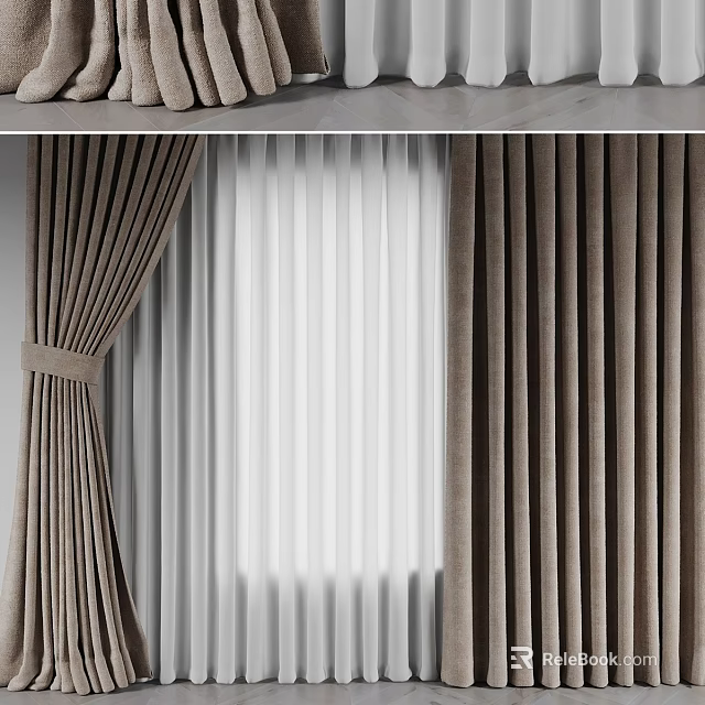 Beige Velvet Curtains With Pleated Design And Sheer White Panels For Window Decoration 3d model 