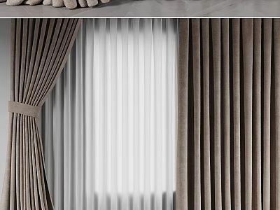 Beige Velvet Curtains With Pleated Design And Sheer White Panels For Window Decoration 3d model