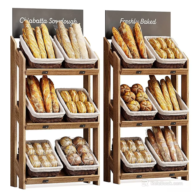 Freshly Baked Assorted Bread Loaves on Wooden Multi Tier Display Shelf 3d model 
