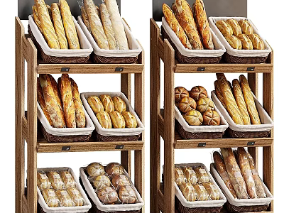 Freshly Baked Assorted Bread Loaves on Wooden Multi Tier Display Shelf 3d model