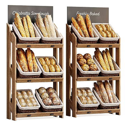 Freshly Baked Assorted Bread Loaves on Wooden Multi Tier Display Shelf 3d model
