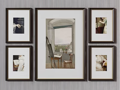 Framed Art Gallery Wall Featuring Central Painting With Easel Chair And Window 3d model