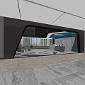 Modern Office Reception Area with Large Windows Sofa Chair Geometric Carpet and Green Plants