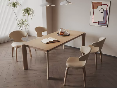 Wooden Dining Table Set With Four Chairs Book Fruit Platter Wall Art And Pendant Lights 3d model