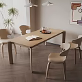Wooden Dining Table Set With Four Chairs Book Fruit Platter Wall Art And Pendant Lights