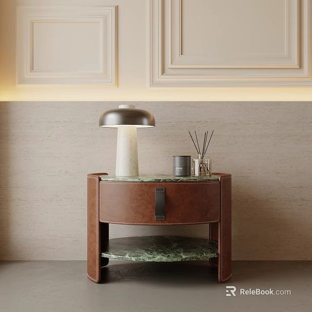 Brown Wooden Nightstand with Green Marble Top Silver Lamp and Reed Diffuser on Beige Wall 3d model 