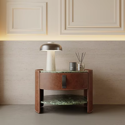 Brown Wooden Nightstand with Green Marble Top Silver Lamp and Reed Diffuser on Beige Wall 3d model