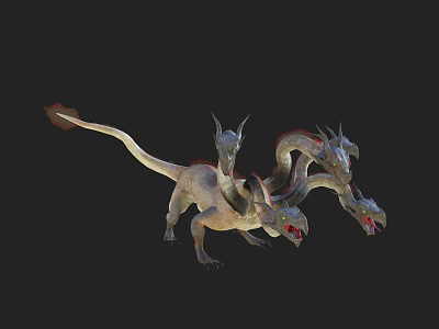 Three Headed Horned Reptile Creature With Long Tail And Red Accents On Black Background 3d model