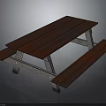 Outdoor Picnic Table With Red Wooden Tabletop Attached Benches And Metal Legs