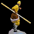 Mythical Warrior in Yellow Traditional Outfit holding a Long Staff standing on Colorful Fluffy Clouds