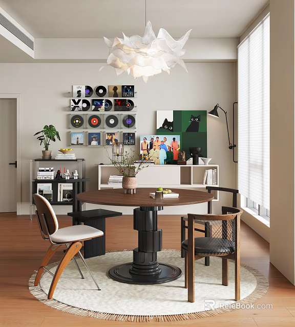 Modern Restaurant Interior With Open Layout Dining Table Chairs Pendant Light And Wall Art 3d model 