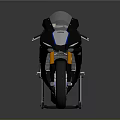 Black and Blue Sport Motorcycle with Sleek Design Blue Wheels Exhaust and Stand