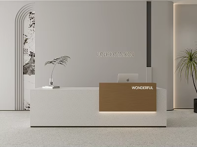 Modern White Reception Desk With Brown Wonderful Sign Unique Living Wall And Green Plants 3d model