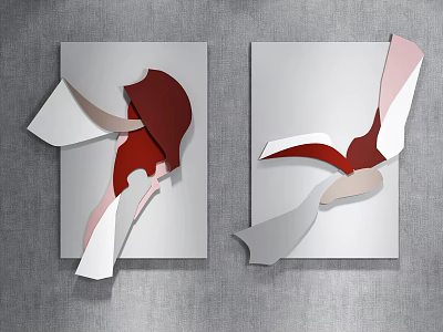 Abstract Wall Art Decor With Red White Beige Irregular Cut Design On Gray Wall 3d model