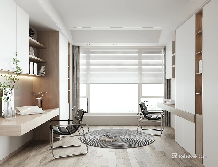 Modern Study Room With Desks Chairs And Large Windows 3d model