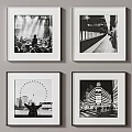 Six Black And White Framed Photos Showing Various Urban And Life Scenes On Wall