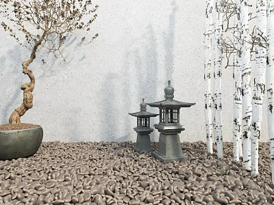 Garden Decor Featuring Bonsai Tree Stone Lanterns And White Birch On Pebble Ground 3d model