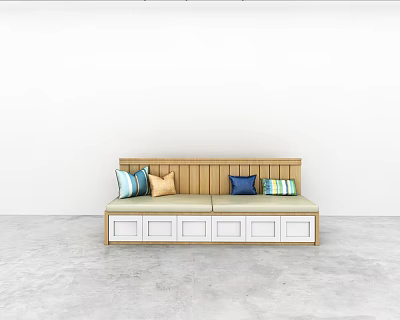 Light wooden bench with colorful cushions white drawers white wall and gray floor 3d model