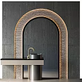 Modern Bathroom Washbasin with Arched LED Lit Mirror Black Countertop and Concrete Wall