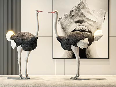 Two Ostriches Standing in Modern Interior With Black and White Human Face Portrait 3d model