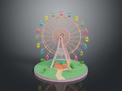 Colorful Ferris Wheel Architecture With Green Lawn Small Trees And Pathway 3d model