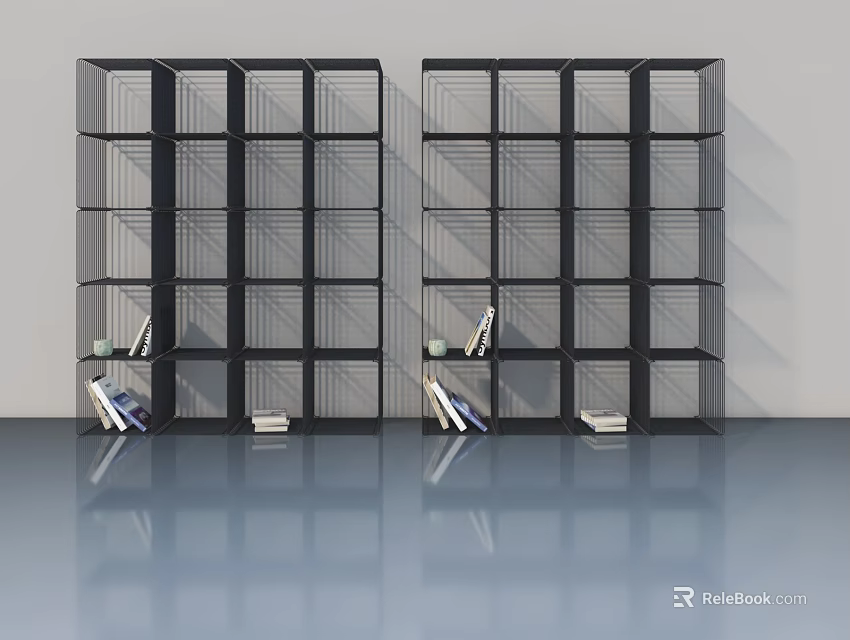 Black Grid Bookshelves With Multiple Shelves Books Decorative Items Smooth Blue Floor White Walls 3d model 