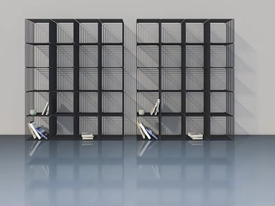 Black Grid Bookshelves With Multiple Shelves Books Decorative Items Smooth Blue Floor White Walls 3d model