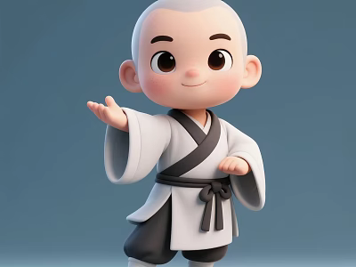 Cartoon Man In Traditional White And Black Monk Outfit Extending Hand On Light Blue Background 3d model