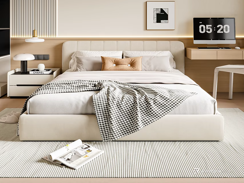 Cozy Modern Double Bed With Beige Headboard White Sheets Checkered Blanket And Striped Rug 3d model 