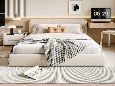 Cozy Modern Double Bed With Beige Headboard White Sheets Checkered Blanket And Striped Rug 3d model