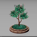 Ornamental Potted Plant With Green Leaves Pink Flowers Brown Trunk And Circular Brick Planter