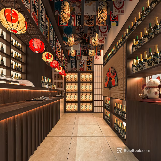 Traditional Japanese Restaurant Interior With Red Lanterns Wooden Shelves And Sake Bottles 3d model 