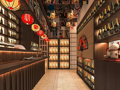 Traditional Japanese Restaurant Interior With Red Lanterns Wooden Shelves And Sake Bottles 3d model