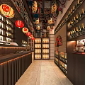 Traditional Japanese Restaurant Interior With Red Lanterns Wooden Shelves And Sake Bottles