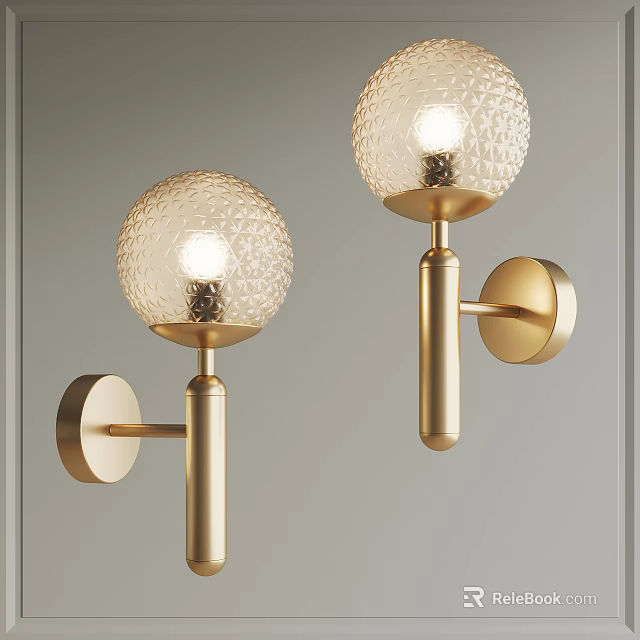 Stylish Wall Lamps with Golden Bracket and Textured Transparent Spherical Lampshade 3d model 