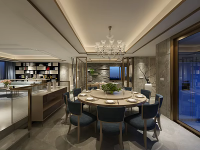 Modern Restaurant Interior With Round Dining Table Blue Chairs Chandelier And Decorative Plant 3d model