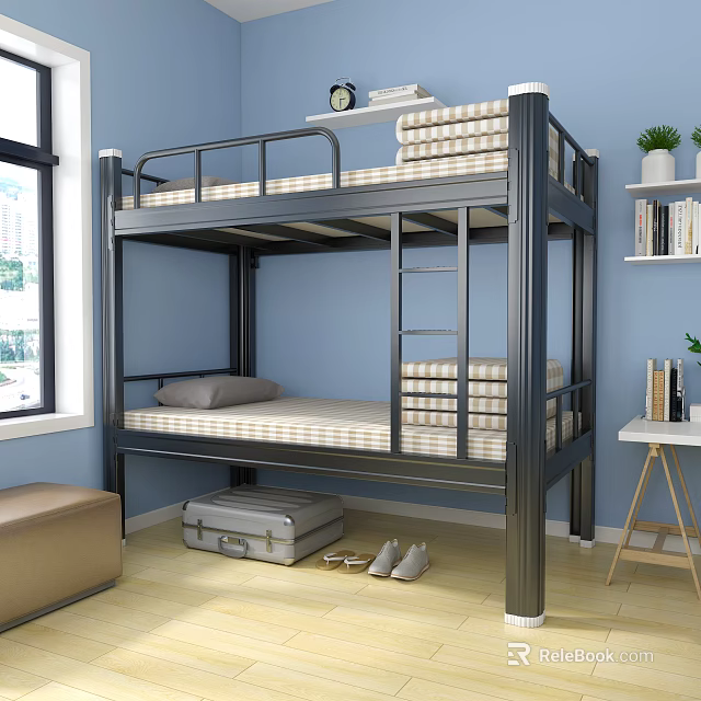 Metal Frame Bunk Bed With Striped Bedding In Blue Bedroom Wooden Floor 3d model 