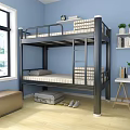 Metal Frame Bunk Bed With Striped Bedding In Blue Bedroom Wooden Floor