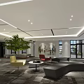 Modern Reception Desk With Marble Counter Curved Design Wooden Decor Stylish Lighting And Green Plants