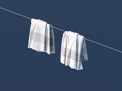 Two White Towels With Gray Stripes Hanging On Clothesline Against Dark Blue Background 3d model