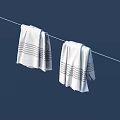 Two White Towels With Gray Stripes Hanging On Clothesline Against Dark Blue Background