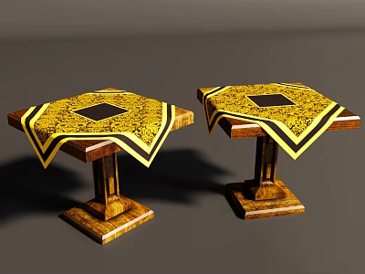 Two Functional Tables With Hexagonal Top Yellow Black Pattern And Wooden Stand 3d model