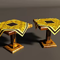 Two Functional Tables With Hexagonal Top Yellow Black Pattern And Wooden Stand