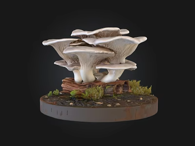 Realistic Cluster of Oyster Mushrooms on Wooden Base with Moss and Stones 3d model
