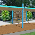 Garden Landscape Featuring Wooden Lattice Wall With Bookshelves Blue Columns And Outdoor Wooden Deck