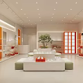 Modern Bright Retail Store Interior With Stylish Display Shelves Clothing Displays And Green Plants