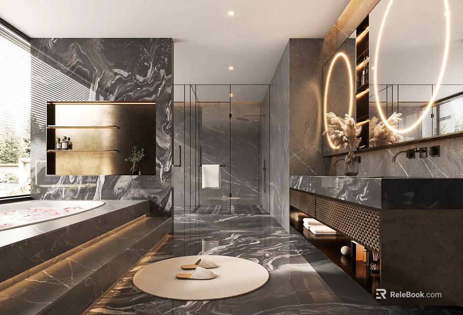 Modern Luxury Bathroom Interior with Marble Bathtub Double Vanity Round Mirror Golden Accents 3d model 